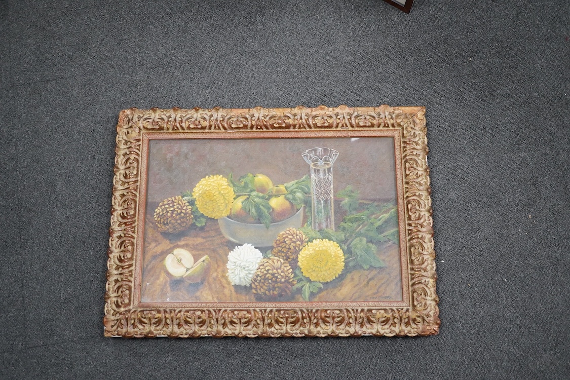 Nina Timbrell (20th. C), oil on canvas, Still life of fruit and flowers, signed, 30 x 45cm. Condition - good